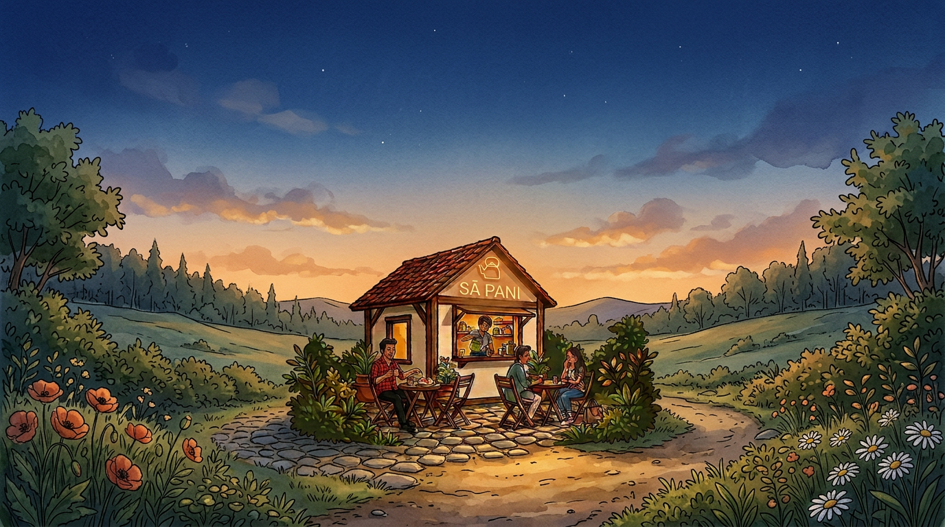 An illustrated sā pani chai stall in an open meadow at dusk, wide sky above, friends sharing tea at little tables